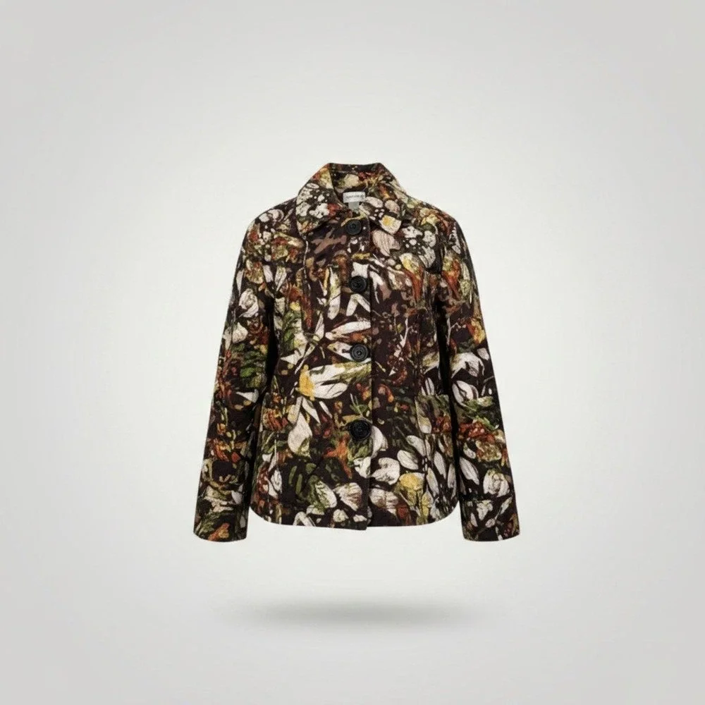 Chicos Floral Jacket Women Medium Brown Textured Botanical Art To Wear Lagenlook